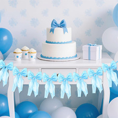 Blue Bow Garland Banner, Pre-Strung Satin Ribbon Bow Themed Party Decorations, B
