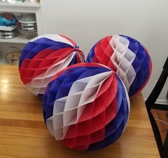 3 Large Vintage *HONEYCOMB TISSUE BALLS* Red White Blue 4th Of July 250th