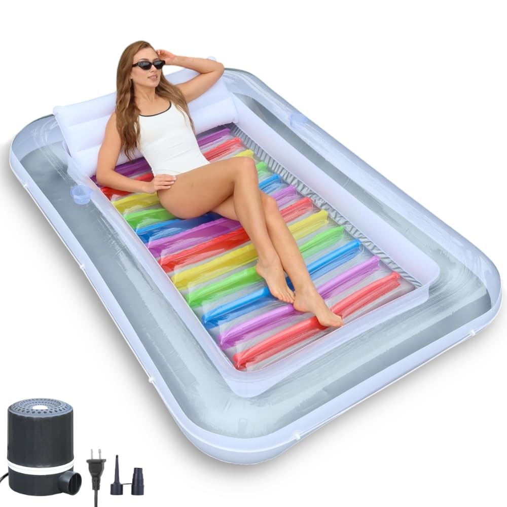 Inflatable Tanning Pool Lounger Float w/Reflective Base Electric Pump Include…