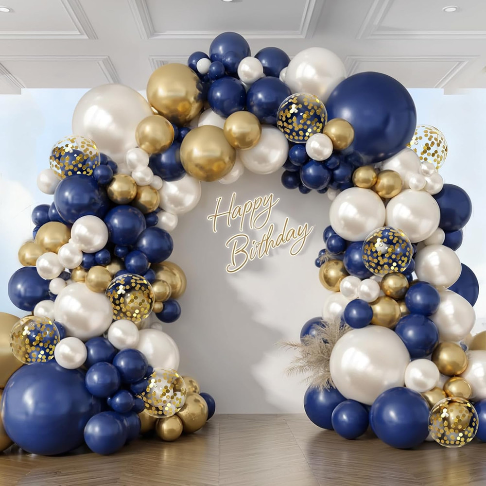 Navy Blue Gold White Balloons Arch Kit -129Pcs Double Stuffed Royal Blue Chrome