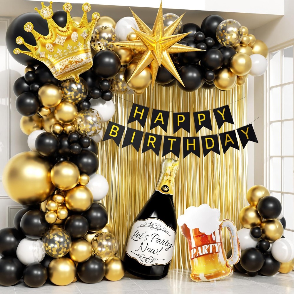 107pcs Black Gold Birthday Decorations for Men with Black and Metallic Gold F…