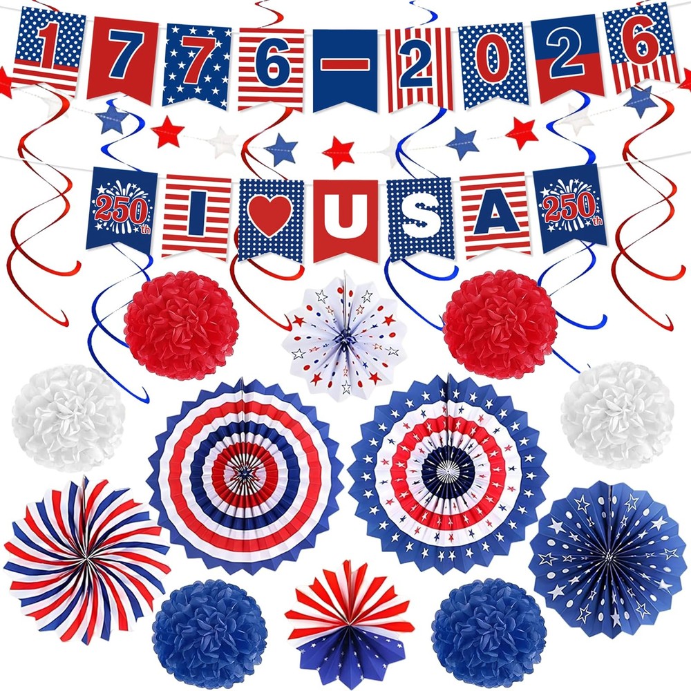 4th of July Decorations Set – 250th Anniversary Patriotic Red, Blue, White