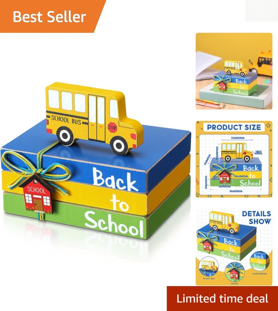 Rustic 4-Pc Wood Bus Centerpiece & Mini Book Set – Back to School Decor