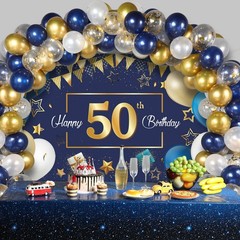 Navy Blue 50th Happy Party Decorations Blue and Gold 50 Photography Backdrop …
