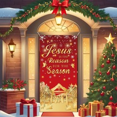 Christmas Door Cover for Front Door – Red and Gold Nativity Scene Xmas Decora…