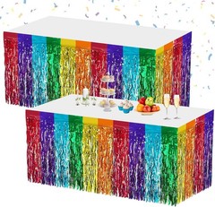 2 Pack 29.5×108 Inch Rainbow Foil Fringe Tinsel Table Skirts Disposable Table