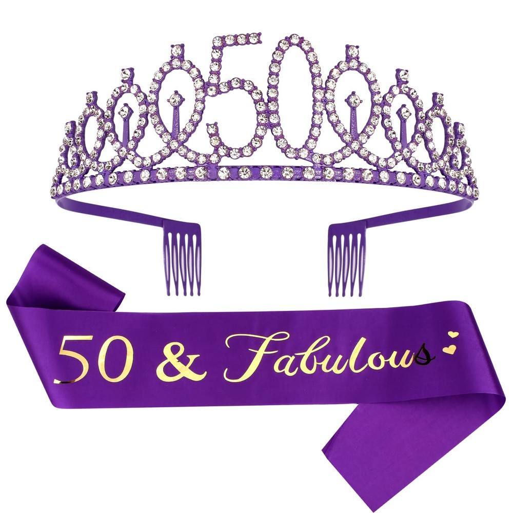 Purple 50th Birthday Decorations – 2 Piece Set, Sash & Tiara Set