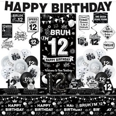 12th Birthday Decorations for Boys – Black Party Supplies, Banner, Tablecloth, C