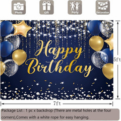 Happy Birthday Backdrop 7X5Ft for Men Boys Navy Blue and Gold Happy Birthday Ban