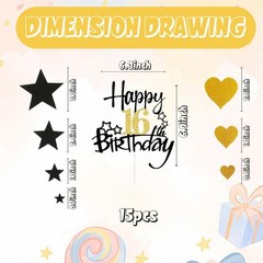 Happy 16th Birthday Cake Topper Black Gold Glitter Party Cupcake Topper