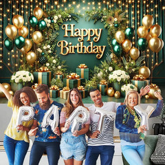 Green Gold Happy Birthday Background Banner 71×43 Inch Glitter Balloon Green Lea