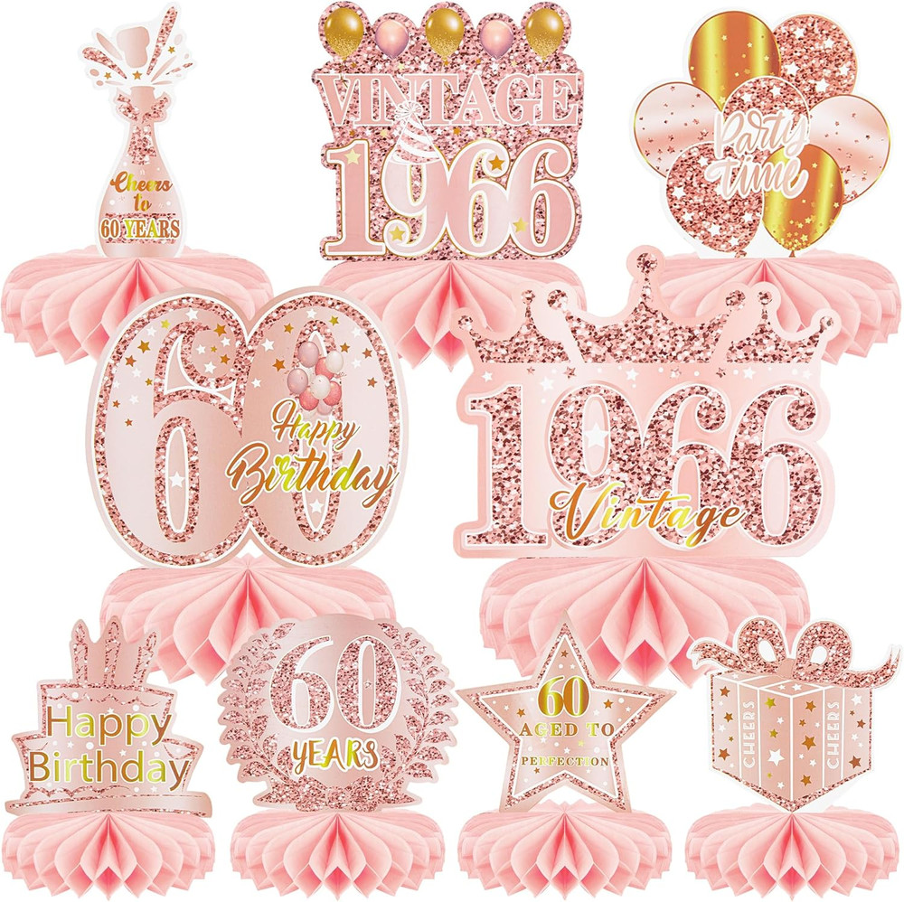 9 Pcs 60Th Birthday Decoration for Women Happy 60Th Birthday Table Honeycomb Dec