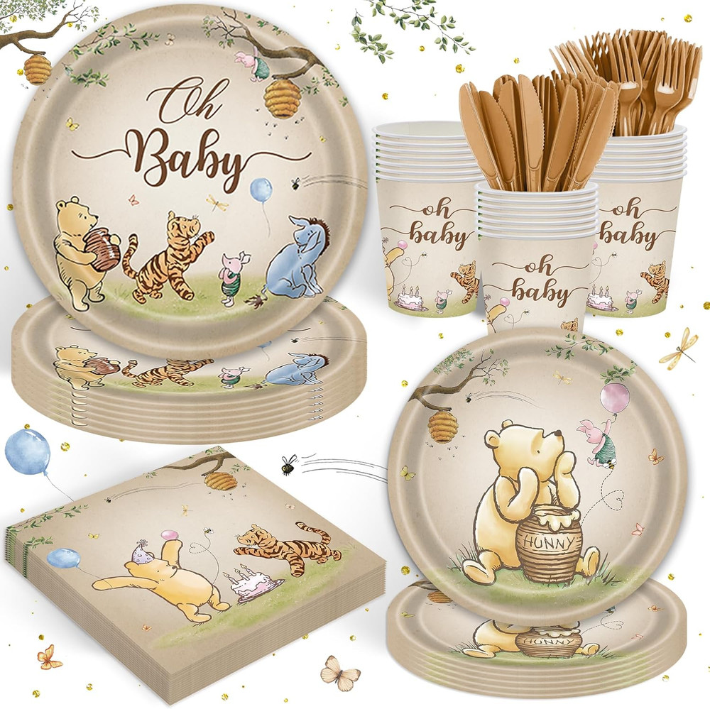 120PCS Vintage Winnie Bear Party Supplies for Kids Brown Birthday Party Set Baby