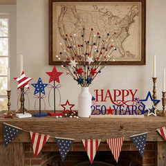4Pcs 250Th Anniversary Decorations Set, Red White Blue Wood Stars, Metal America