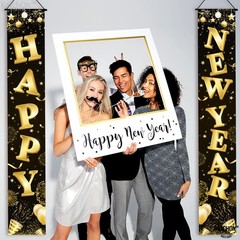 Happy New Year Door Banner – Xtra Large 72×12 Inch Black Gold – NYE Decorations