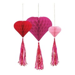 PINK AND RED HEART HONEYCOMB TASSEL DECORATION (PACK OF 3)