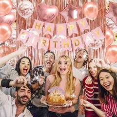 Rose Gold Birthday Party Decorations Banner Fringe Curtain Set
