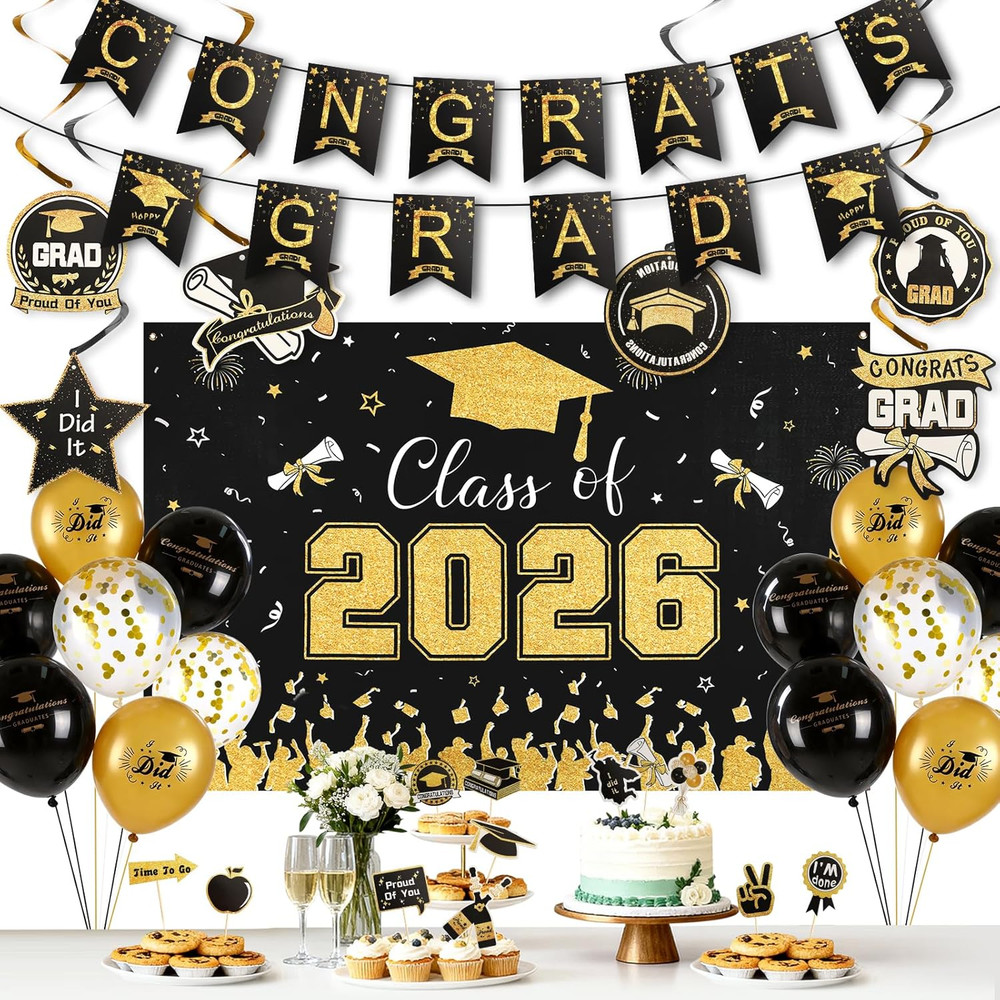 Black and Gold Graduation Decorations 2026 Kit 34 Pcs Party Supplies Class of 20