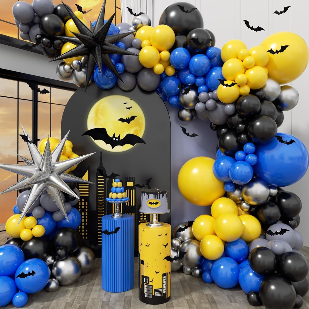 129pcs Blue and Yellow Balloon Arch Kit with Blue Gray Silver Black and Yello…