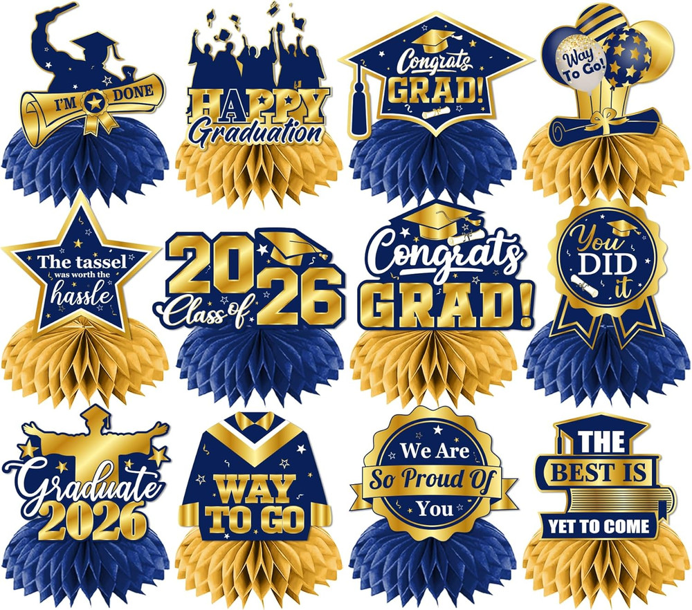12Pcs Graduation Table Decorations 2026,Navy Blue and Gold Graduation Decoration