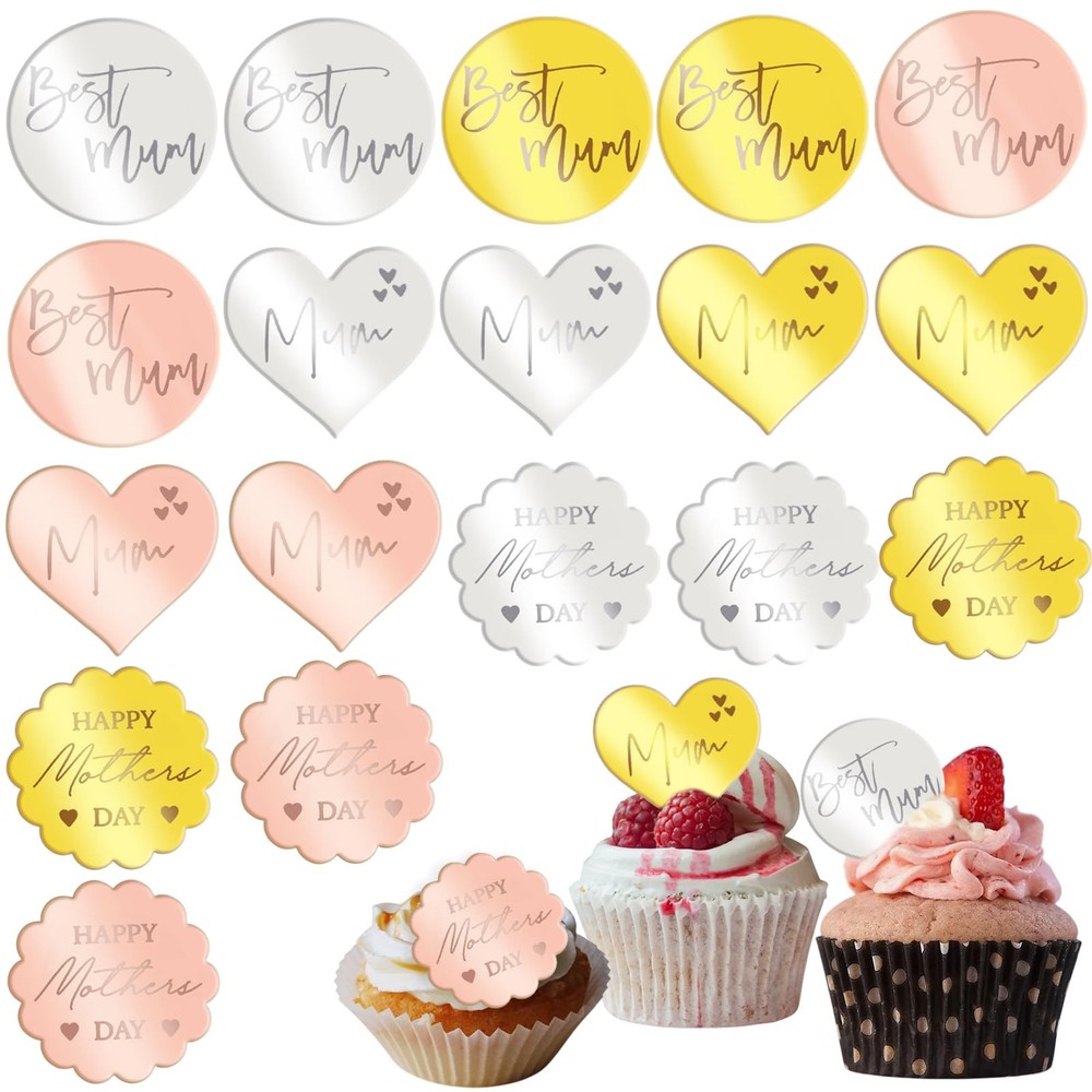 18 Pcs Happy Mothers Day Cupcake Toppers Acrylic Mirror Disc Cupcake Toppers …