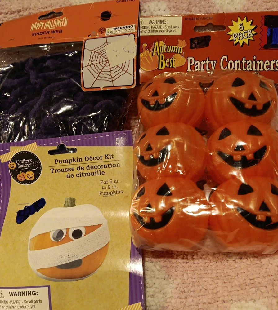 Set Of 3 Halloween Decors:. Blowmold Party Pumpkins, purple Spiderweb, Decor Kit