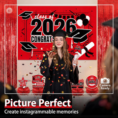 Graduation Party Decorations 2026–Black Red Grad Banner, Class of Backdrop, Ball