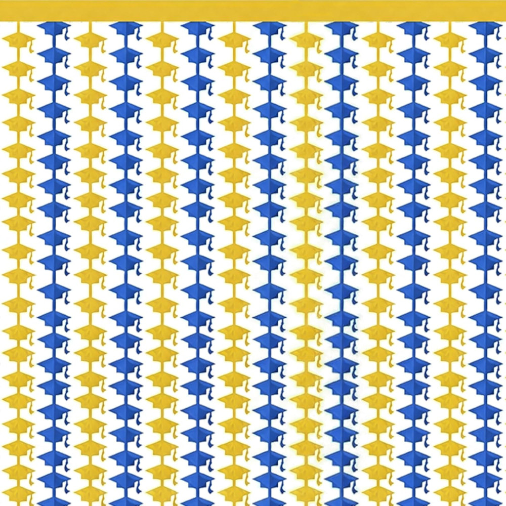 Graduation Decoration 2026 – Blue Gold Graduation Cap Tinsel Streamers Backdrop