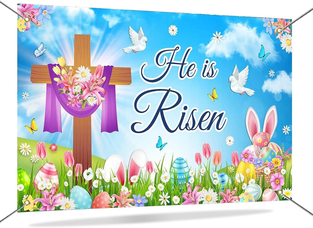 Mocicka Spring Easter Backdrop He is Risen Banner Floral Colorful Eggs green