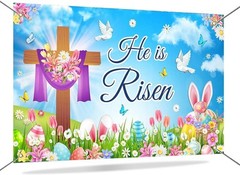 Mocicka Spring Easter Backdrop He is Risen Banner Floral Colorful Eggs green