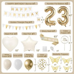 23rd Birthday Decorations Set – 10 White Cream, 10 Gold Balloons, Cake Topper