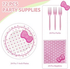 Cat Pink Polka Dots Disposable Birthday Tableware (Plates, Napkins, Forks)