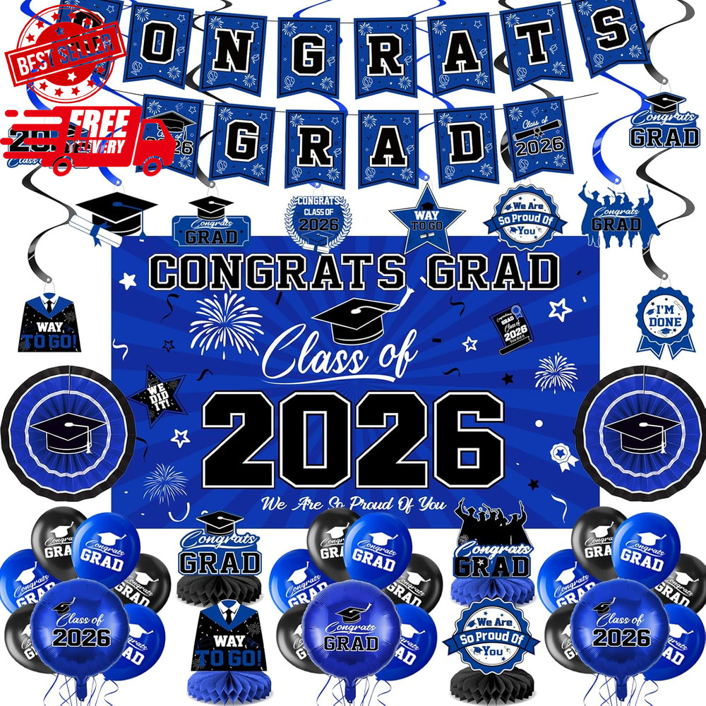 Class of 2026 Graduation Party Decorations – Blue and Black Theme Set SHIPS FREE