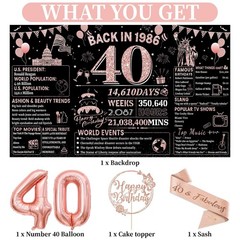 40th Birthday Decorations for Women – Rose Gold & Black Banner, Balloons, Cake T