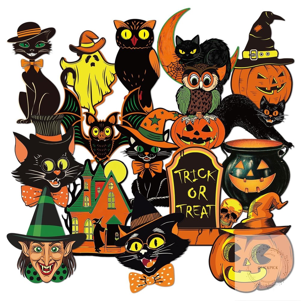 48 Pcs Vintage Halloween Cutouts Retro Pumpkin Witch Cat Cut-Outs Black Orange