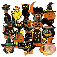 48 Pcs Vintage Halloween Cutouts Retro Pumpkin Witch Cat Cut-Outs Black Orange