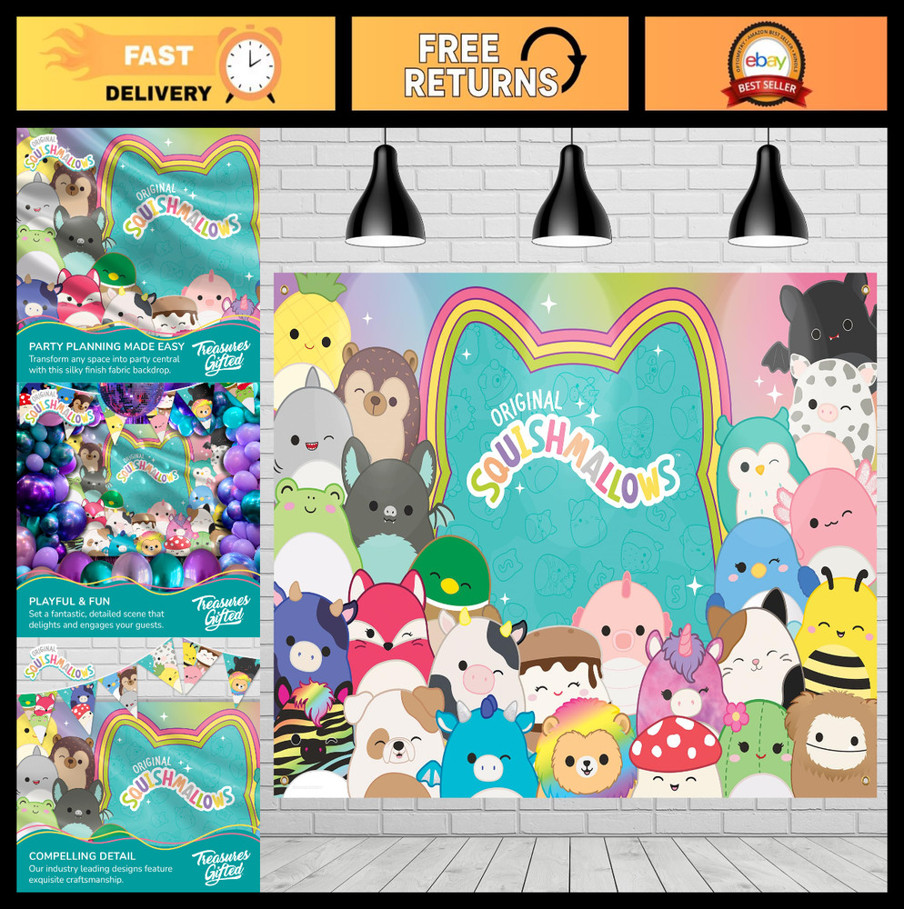 Squishmallows Birthday Backdrop – 4.3ft x 6ft Silky Fabric Party Decoration