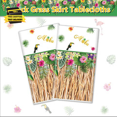 2 Pack Hawaiian Luau Grass Tablecloths, Hawaii Luau Table Skirt Party Decoration