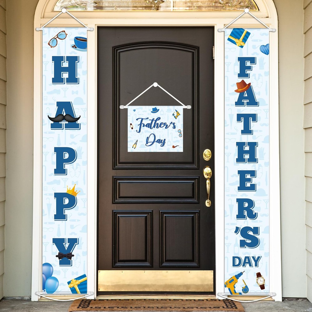 3PCS Happy Father Day Porch Sign Banners Father’s Days Party Decorations Blue