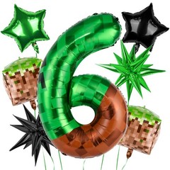 40 Inch Green Pixel Miner Number 6 Balloon Set, 7Pcs MIning Large Foil Balloo…