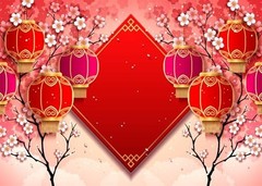 8x6ft Chinese New Year Backdrop – Red Lanterns, Cherry Blossoms, Spring Festival