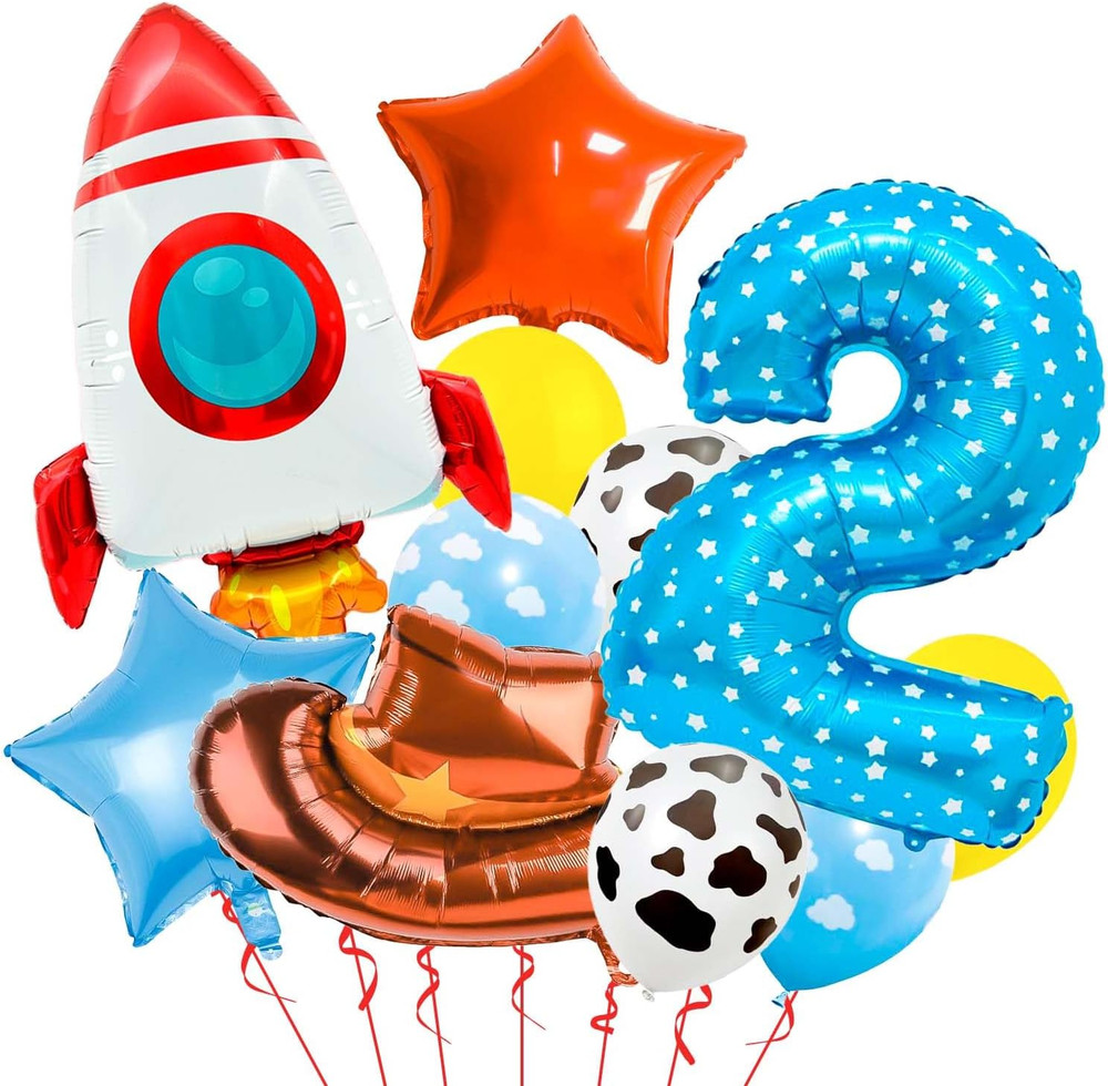 Toy Themed Number 2 Balloon, Happy Birthday Colorful Balloons with Rocket and Co