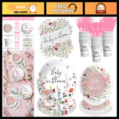 Floral Baby Shower Party Supplies – Wildflower Tableware Set for 24 Guests, Plat