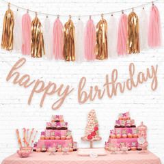 Rose Gold Happy Birthday Decorations – Glittery Rose Gold Happy Birthday Banner