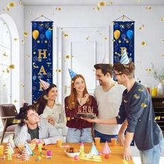 Door Banner 12×71 Inch Vertical Hanging Decoration Gold Blue Happy Letter Sig…