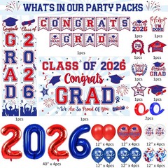 Elegant Red & Blue 2026 Graduation Decor: Banners, Balloons, and Backdrops