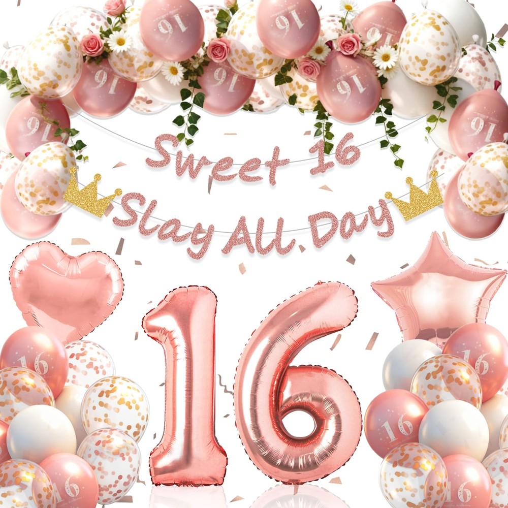 Rose Gold Sweet 16 Party Decorations, 16th Birthday Decorations for Girls wit…