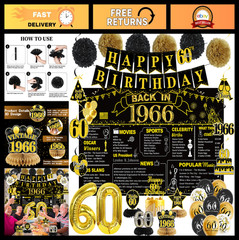 60th Birthday Decorations Set, Back in 1966 Black & Gold Party Supplies, 30 Pcs
