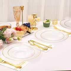 150 Pcs Plastic Dinnerware Set Disposable for 25 Guests – Clear Plates with G…