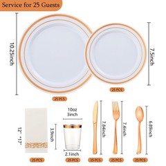 175PCS Rose Gold Dinnerware Set for 25 Guests, Rose Gold Rim Plastic Disposab…